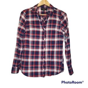 Like New Banana Republic Navy Blue Red Ruffle Plaid Small Button Down Shirt